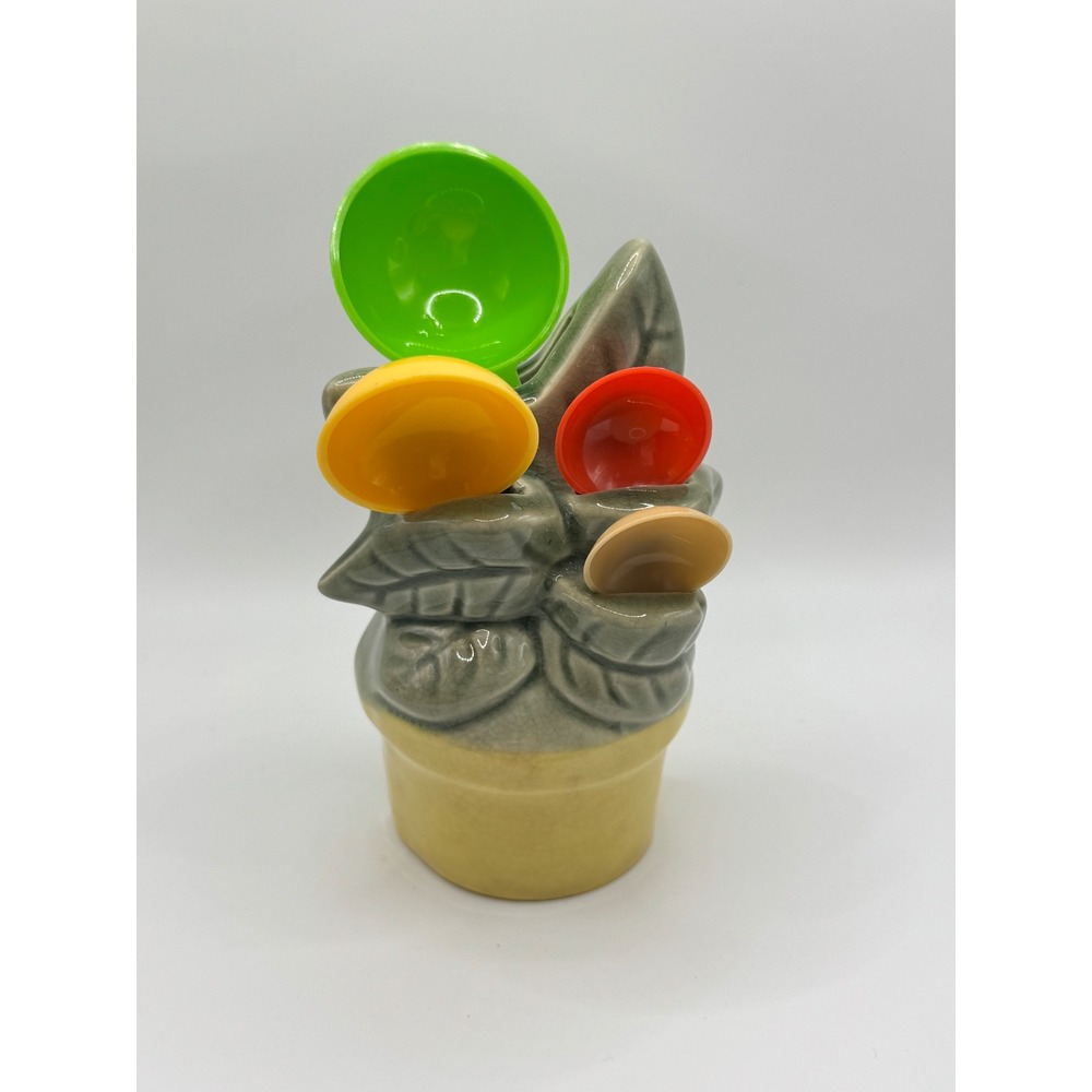 Vintage Ceramic Plant Pot Measuring Spoon Holder Set Japan Retro MCM Kitsch